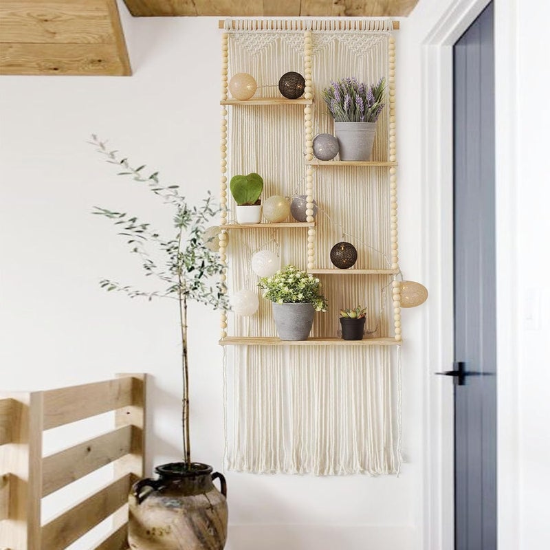 Flber Macrame Wall Hanging Shelf Boho Wall Decor Home 2 Tier Hanger Shelves Braided with Tassels Shelves Organizer for Kitchen, Bedroom, Home Storage, Floating Plant Shelf (Wood) - Image 2